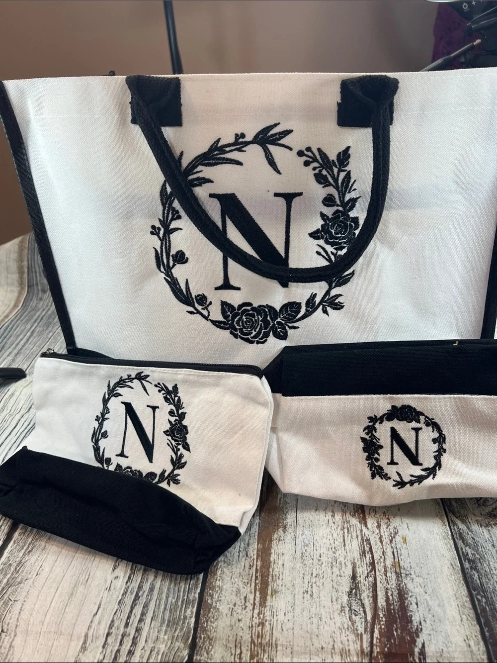 Monogram “N” Canvas Tote Bag 3 pc Set – Tote, Pouch & Organizer | Black & White - Picture 17 of 17